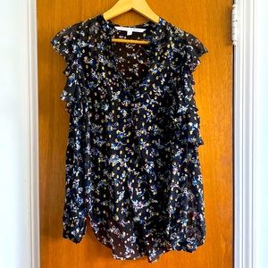 Veronica beard silk and metallic floral printed cold-shoulder blouse.